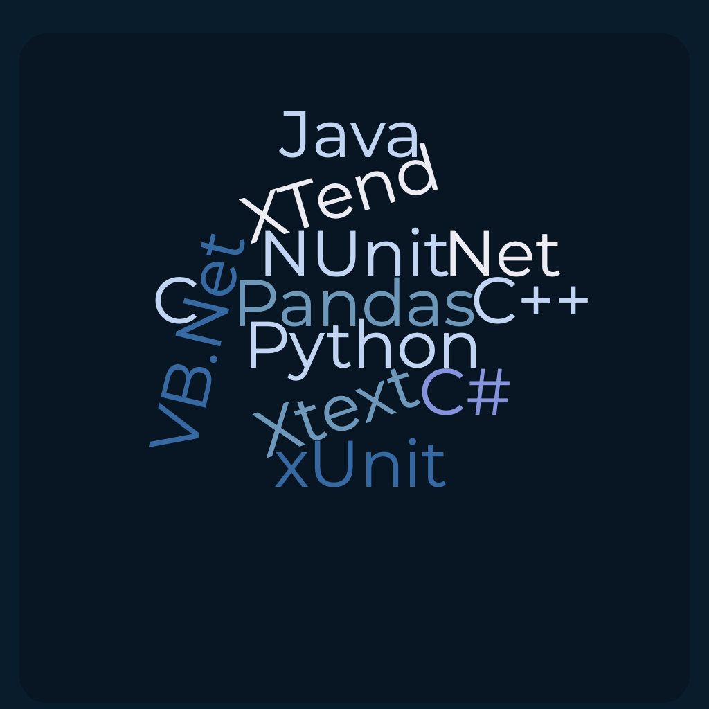 C++ C# C Java XTend Xtext .Net VB.Net Python NUnit xUnit Pandas
